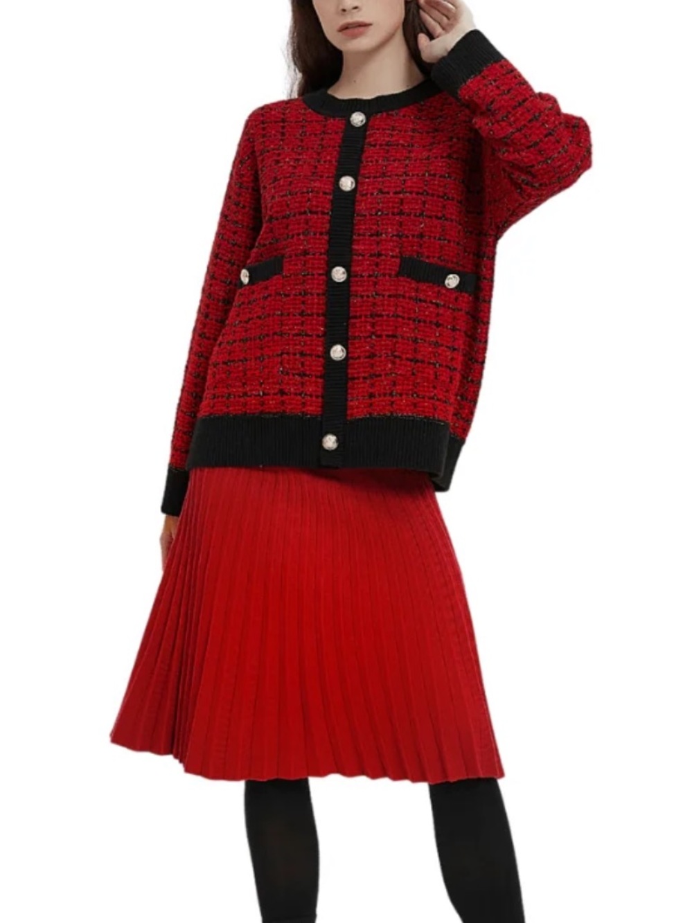 MM RED KNIT TWEED CARDIGAN